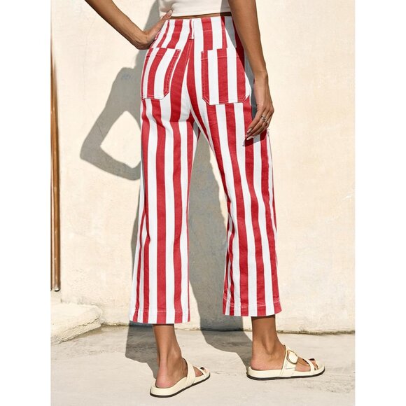 Womens Cropped Striped High Waisted Jeans Denim Pants with Pockets - Picture 6 of 6